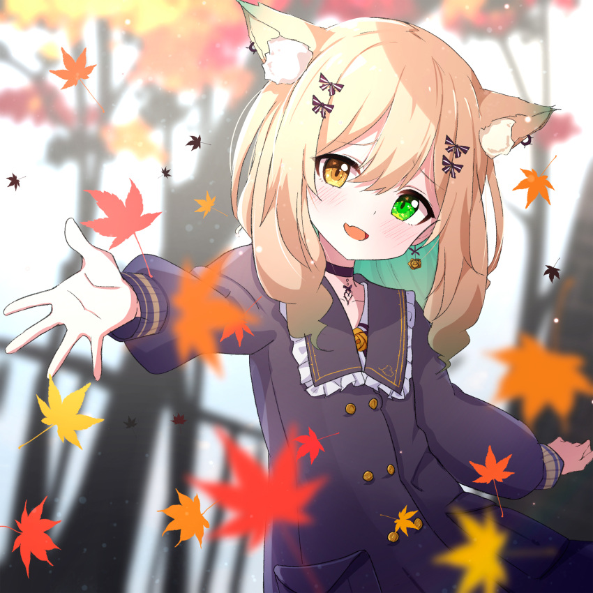 1girl, :d, ame., animal_ear_fluff, animal_ears, autumn_leaves, bangs, black_choker