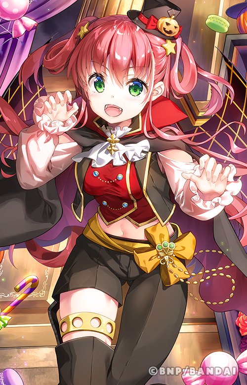 1girl, ascot, bangs, battle_spirits, belly_chain, black_cloak, black_headwear, black_jacket