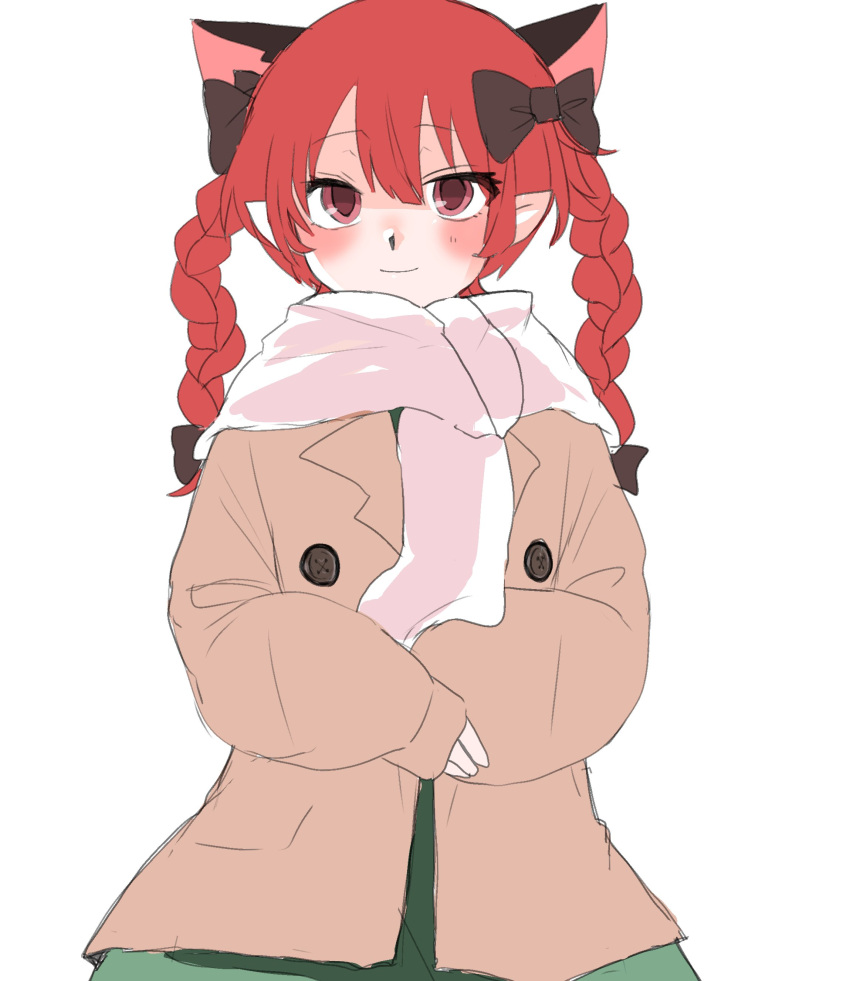 1girl, absurdres, animal_ears, blush, braid, cat_ears, highres, kaenbyou_rin, kashiwara_mana, light_smile, looking_at_viewer, red_eyes, redhead, scarf, simple_background, solo, touhou, twin_braids, twintails, white_background, winter_clothes