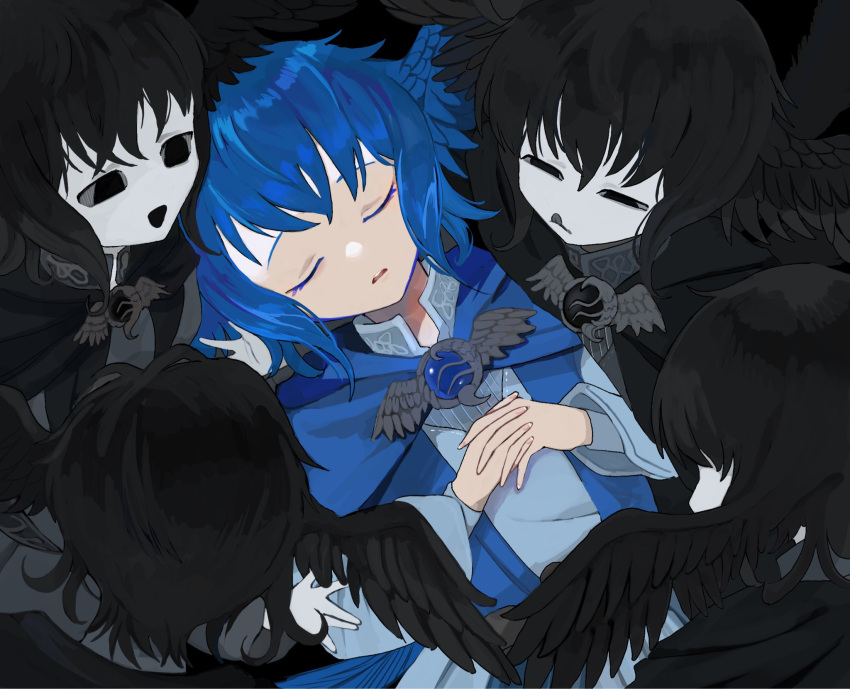 5girls, :q, bangs, bird_girl, bird_tail, bird_wings, black_background, black_eyes