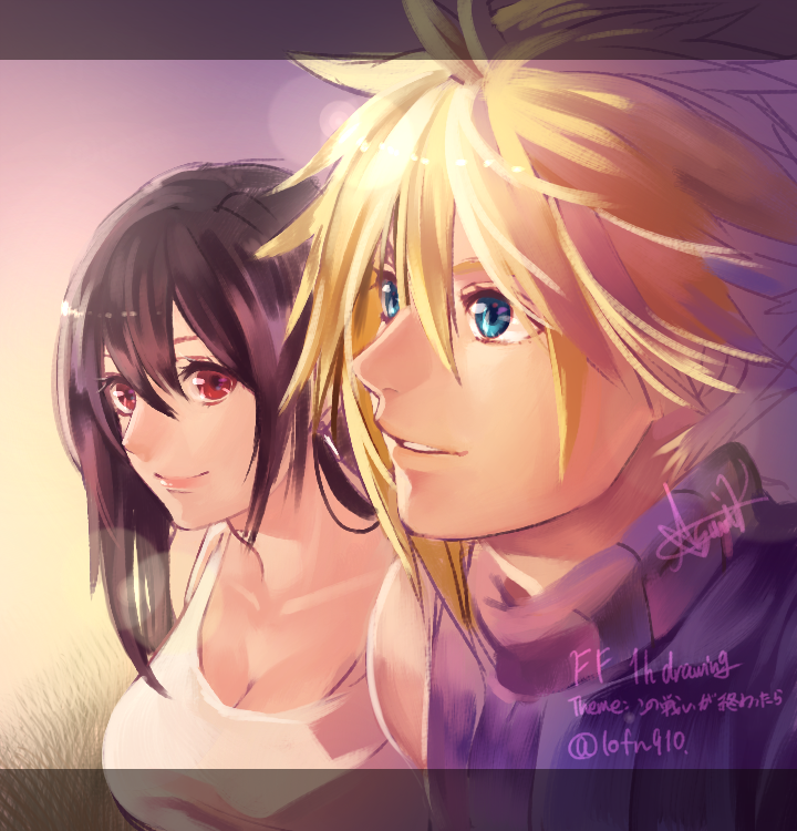 1boy, 1girl, bangs, bare_shoulders, black_hair, blonde_hair, blue_eyes, breasts