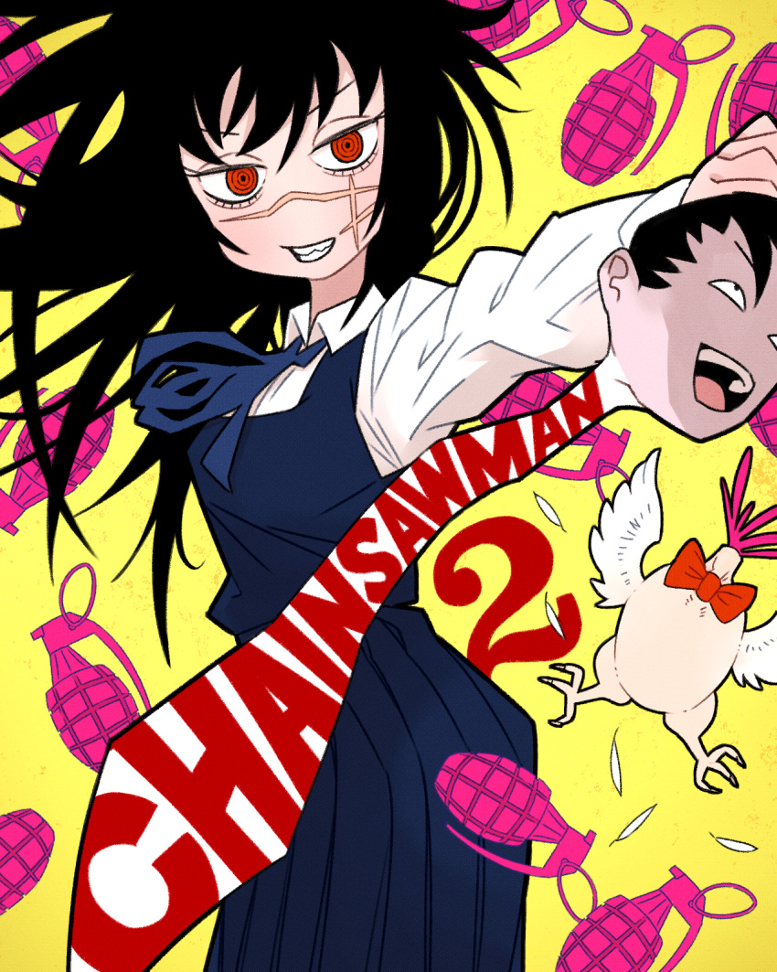1girl, @_@, adashinosekka, bird, black_hair, blood, bow, bucky_(chainsaw_man)