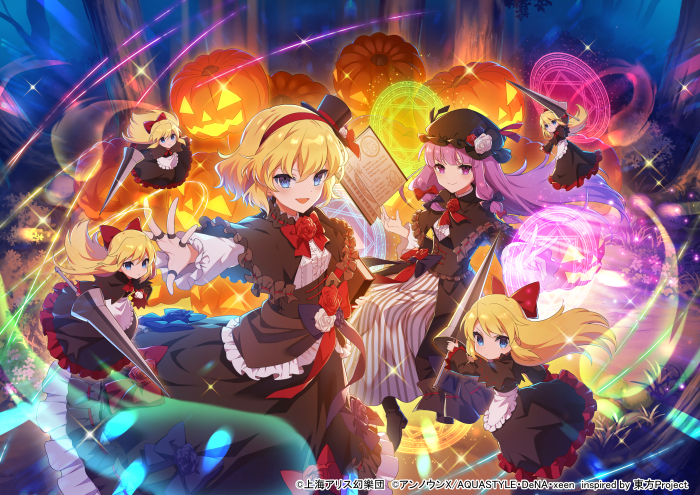 6+girls, alice_margatroid, black_capelet, black_dress, black_headband, black_skirt, blonde_hair, blue_eyes, bow, bowtie, capelet, chatsubaki, closed_mouth, copyright_name, dress, hairband, hat, headband, jack-o'-lantern, light_particles, long_hair, long_sleeves, looking_at_viewer, mini_hat, mini_top_hat, mob_cap, multiple_girls, official_art, patchouli_knowledge, purple_hair, red_bow, red_bowtie, red_hairband, shanghai_doll, short_hair, skirt, striped, striped_dress, top_hat, touhou, touhou_danmaku_kagura, violet_eyes