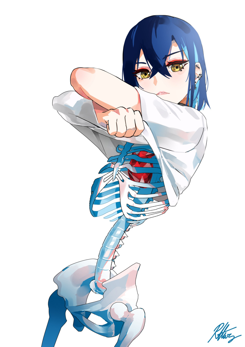 1girl, absurdres, blue_hair, closed_mouth, clothes_lift, cowboy_shot, ear_piercing, earrings, heart_(organ), highres, jewelry, lifted_by_self, looking_at_viewer, original, piercing, radical_highway, ribs, shirt, shirt_lift, short_sleeves, simple_background, skeleton, smile, solo, spine, white_background, white_shirt, yellow_eyes