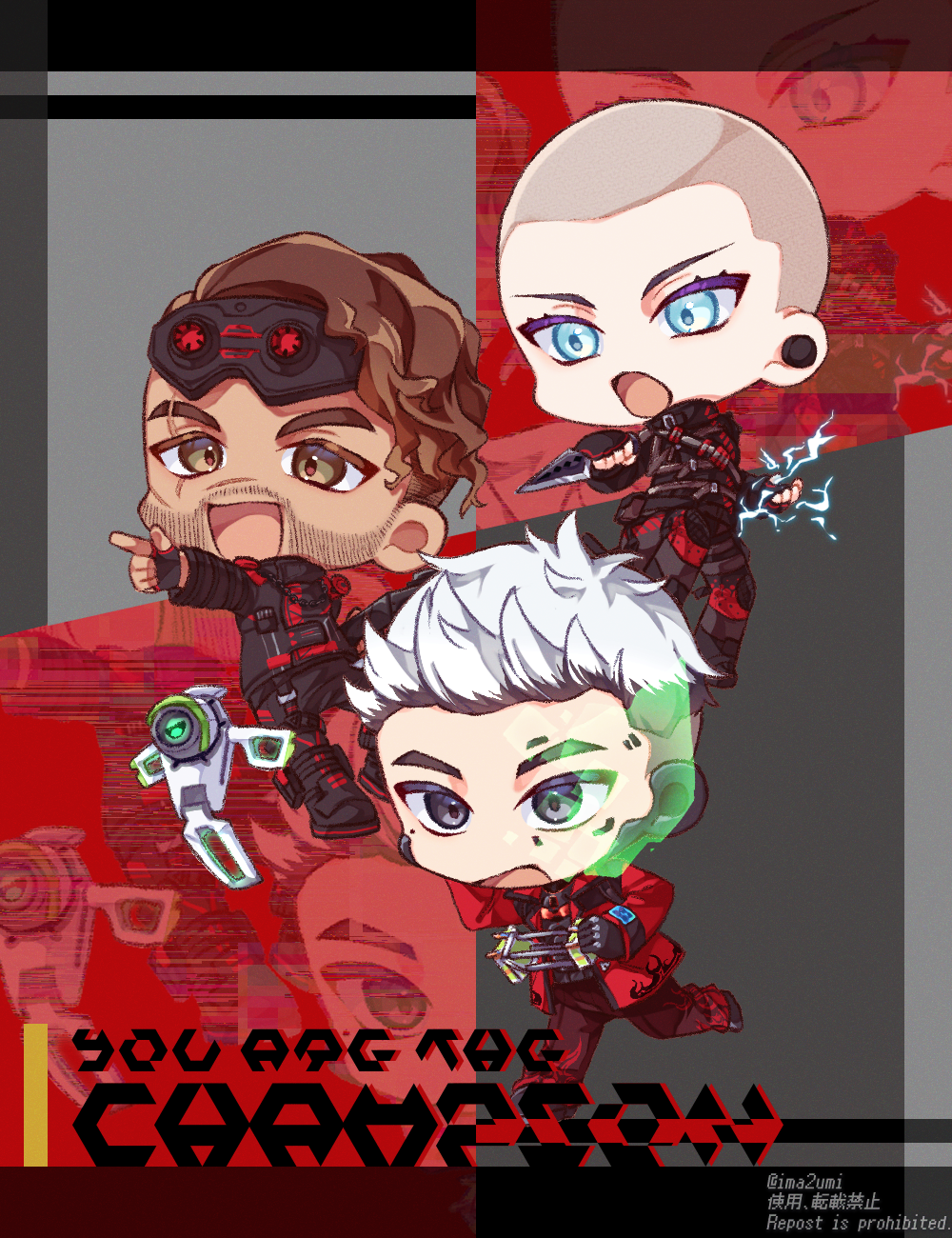 1girl, 2boys, :o, animification, apex_legends, bald, bald_girl, black_eyes, black_footwear, black_jacket, black_pants, blue_eyes, boots, brown_eyes, chain, chibi, crypto_(apex_legends), devil's_advocate_crypto, drone, electricity, facial_hair, finger_gun, fingerless_gloves, flame_print, gloves, goatee, goggles, goggles_on_head, highres, holding, holding_knife, holographic_monitor, imazumi_you, jacket, knife, kunai, male_focus, mirage_(apex_legends), mole, mole_under_eye, multiple_boys, open_mouth, pants, red_jacket, scar, scar_across_eye, the_prestige_mirage, v-shaped_eyebrows, vengeance_seeker_wraith, weapon, white_hair, wraith's_kunai, wraith_(apex_legends)