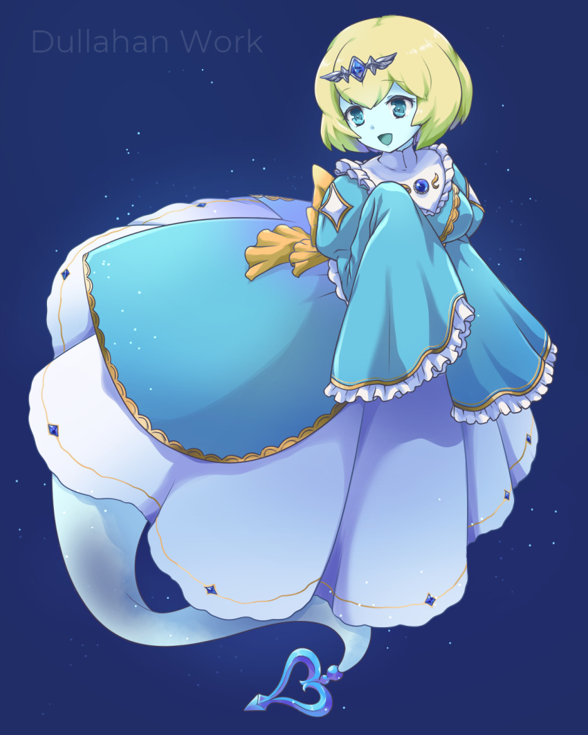 1girl, aqua_skin, aqua_tongue, blonde_hair, blue_background, blue_eyes, blue_gemstone, breasts