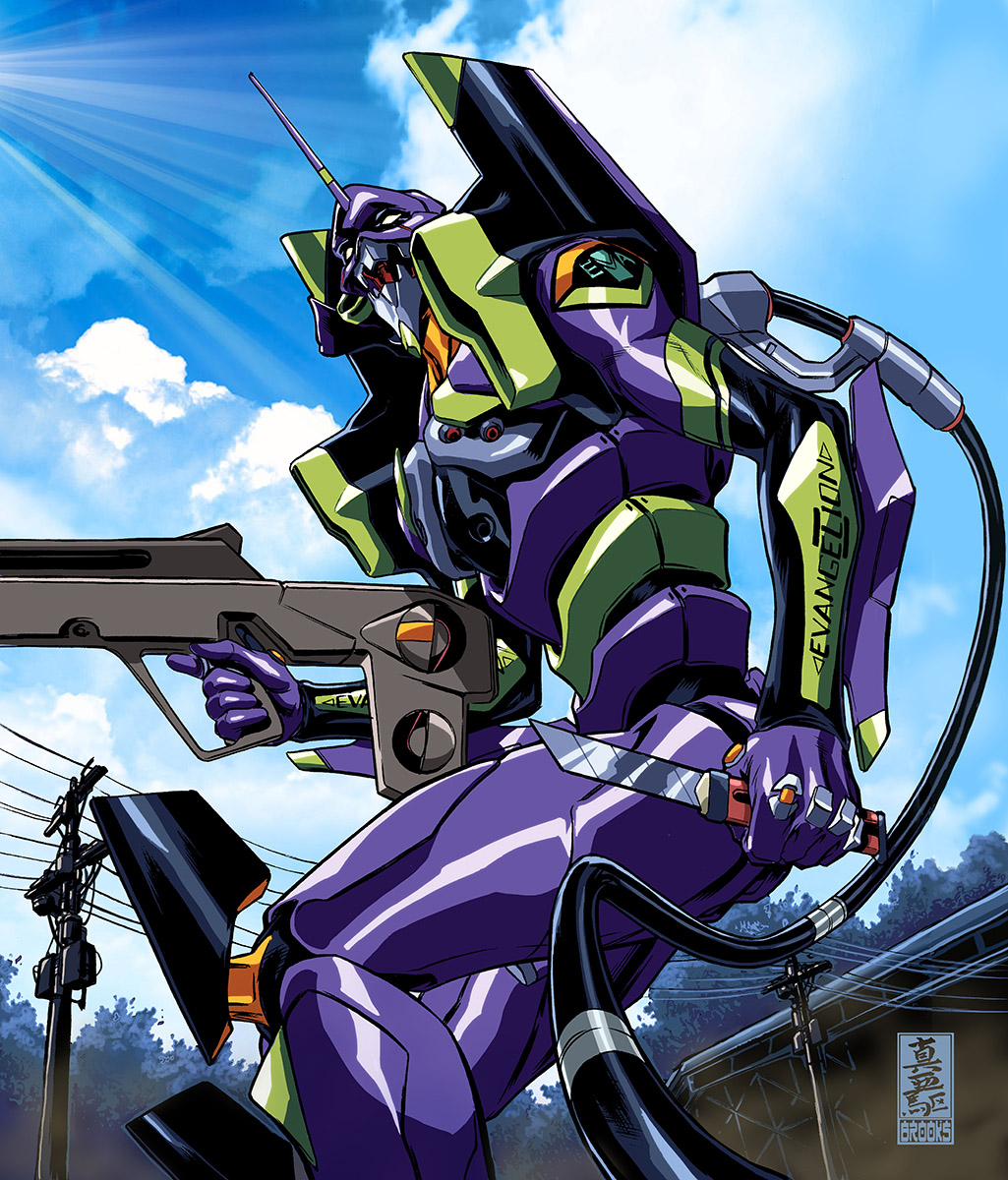 artist_name, cable, clouds, eva_01, gun, highres, holding, holding_gun