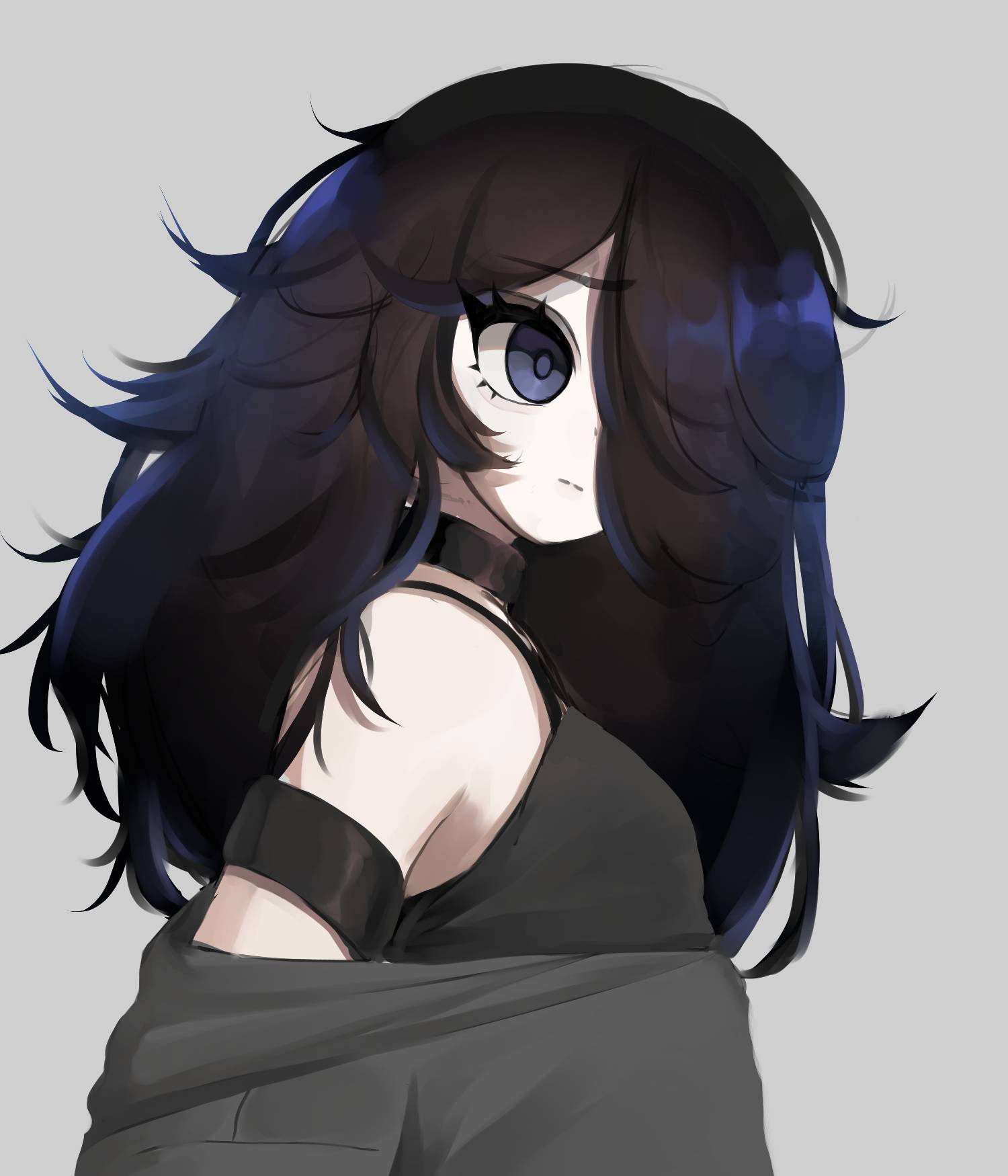 1girl, arm_strap, bare_shoulders, black_camisole, black_choker, black_hair, blue_eyes, breasts