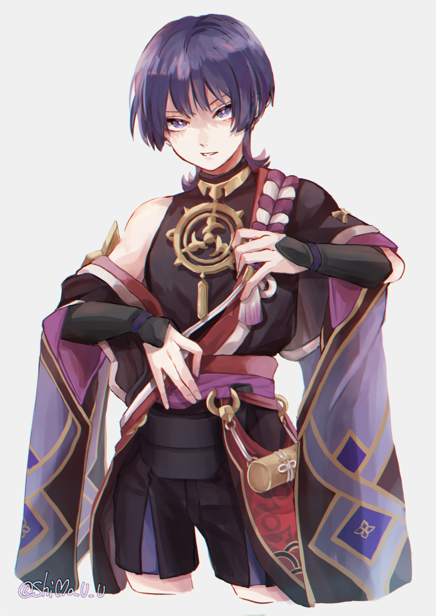 1boy, arm_armor, arms_up, artist_name, bangs, bare_shoulders, black_shirt, black_shorts