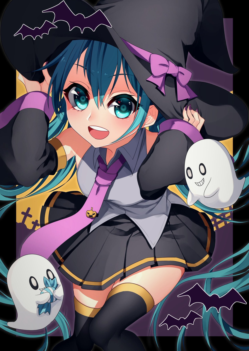 1girl, adjusting_clothes, adjusting_headwear, aqua_eyes, aqua_hair, bangs, bat_(animal), black_nails