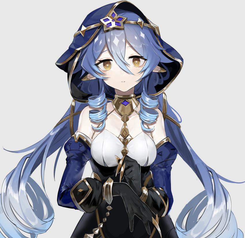 1girl, bangs, bare_shoulders, black_gloves, blue_hair, blue_hood, blue_sleeves, bracelet