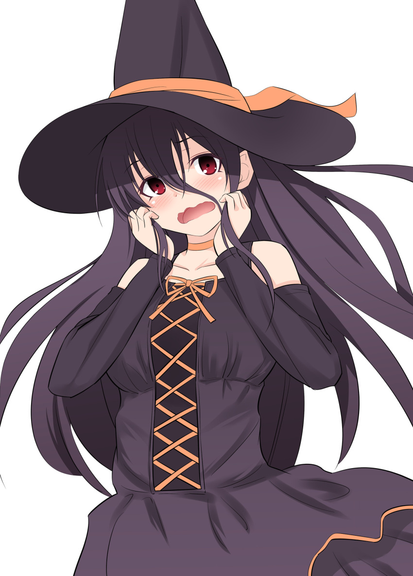 1girl, anetai_toyone, bangs, black_dress, black_hair, black_headwear, blush, clothing_cutout, commentary, dress, frown, hair_between_eyes, halloween, halloween_costume, hands_on_own_face, hat, hat_ribbon, highres, long_dress, long_hair, long_sleeves, looking_at_viewer, open_mouth, orange_ribbon, pila_(pilayamato), red_eyes, ribbon, saki, shoulder_cutout, simple_background, solo, standing, wavy_hair, white_background, witch_hat