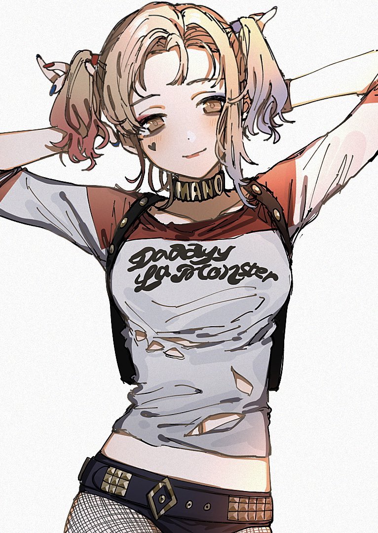 1girl, asymmetrical_bangs, bangs, belt, black_shorts, blue_hair, blush, breasts