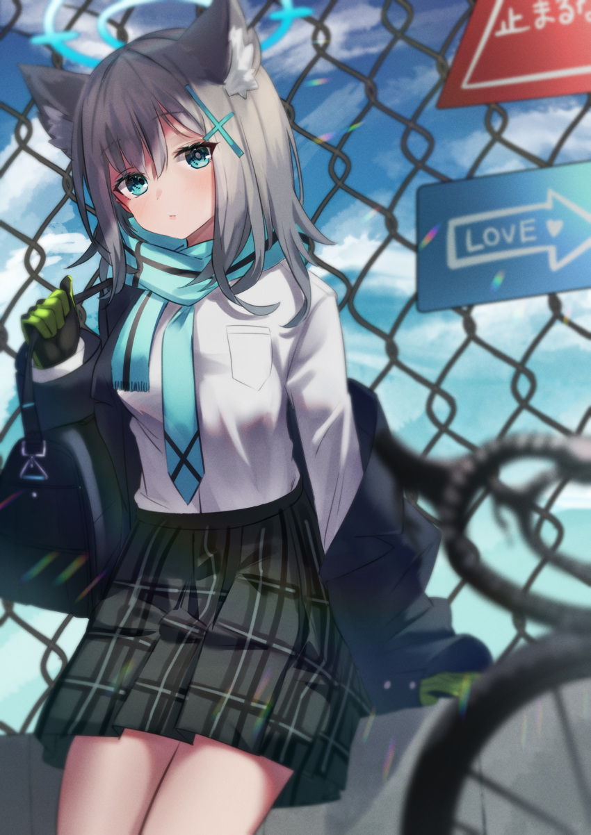 1girl, absurdres, animal_ear_fluff, bag, bangs, black_skirt, blue_archive, blue_jacket
