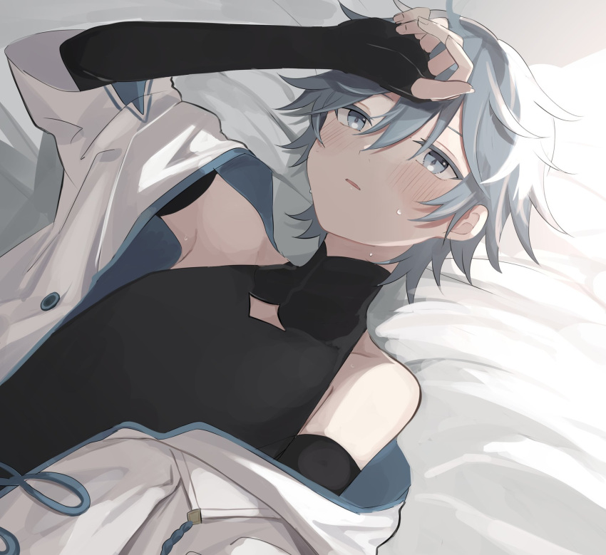 1boy, arm_up, bangs, bare_shoulders, bed, black_gloves, black_shirt, blue_eyes