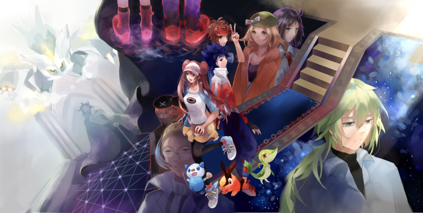 4girls, 6+boys, bianca_(pokemon), black_hair, black_headwear, blonde_hair, cheren_(pokemon), colress_(pokemon)