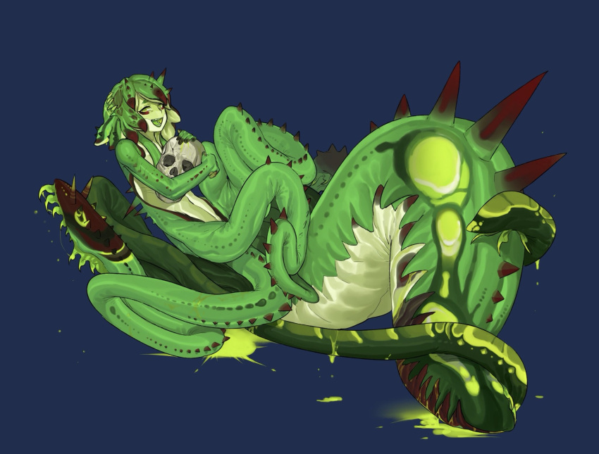 1other, blue_background, colored_inner_hair, colored_skin, colored_tips, colored_tongue, full_body, green_eyes, green_hair, green_skin, green_tongue, highres, holding, holding_skull, looking_at_viewer, meziro001, multicolored_hair, open_mouth, original, redhead, sharp_teeth, short_hair, simple_background, sitting, skull, solo, teeth, tentacle_hair, tentacles