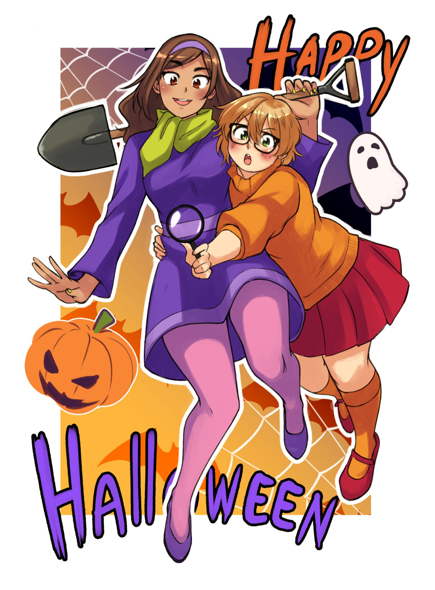 2girls, absurdres, akiosketch, bat_(animal), blush, brown_hair, cosplay, daphne_ann_blake, daphne_ann_blake_(cosplay), english_text, ghost, green_eyes, happy_halloween, highres, jack-o'-lantern, light_brown_hair, magnifying_glass, multiple_girls, original, pantyhose, pleated_skirt, red_eyes, scarf, scooby-doo, shoes, shovel, silk, skirt, spider_web, velma_dace_dinkley, velma_dace_dinkley_(cosplay)