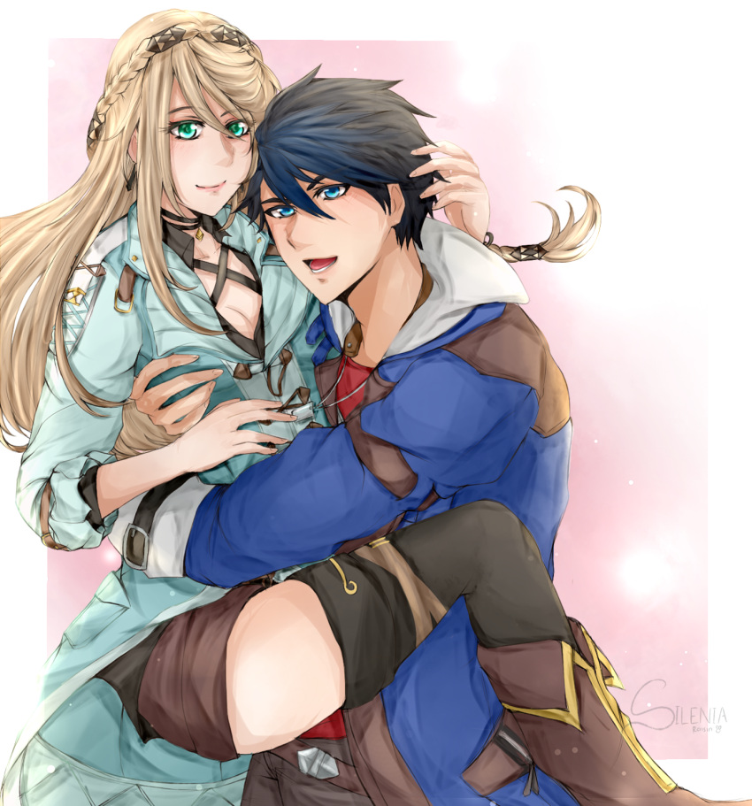 1boy, 1girl, black_hair, blonde_hair, blue_eyes, boots, braid, dog_tags