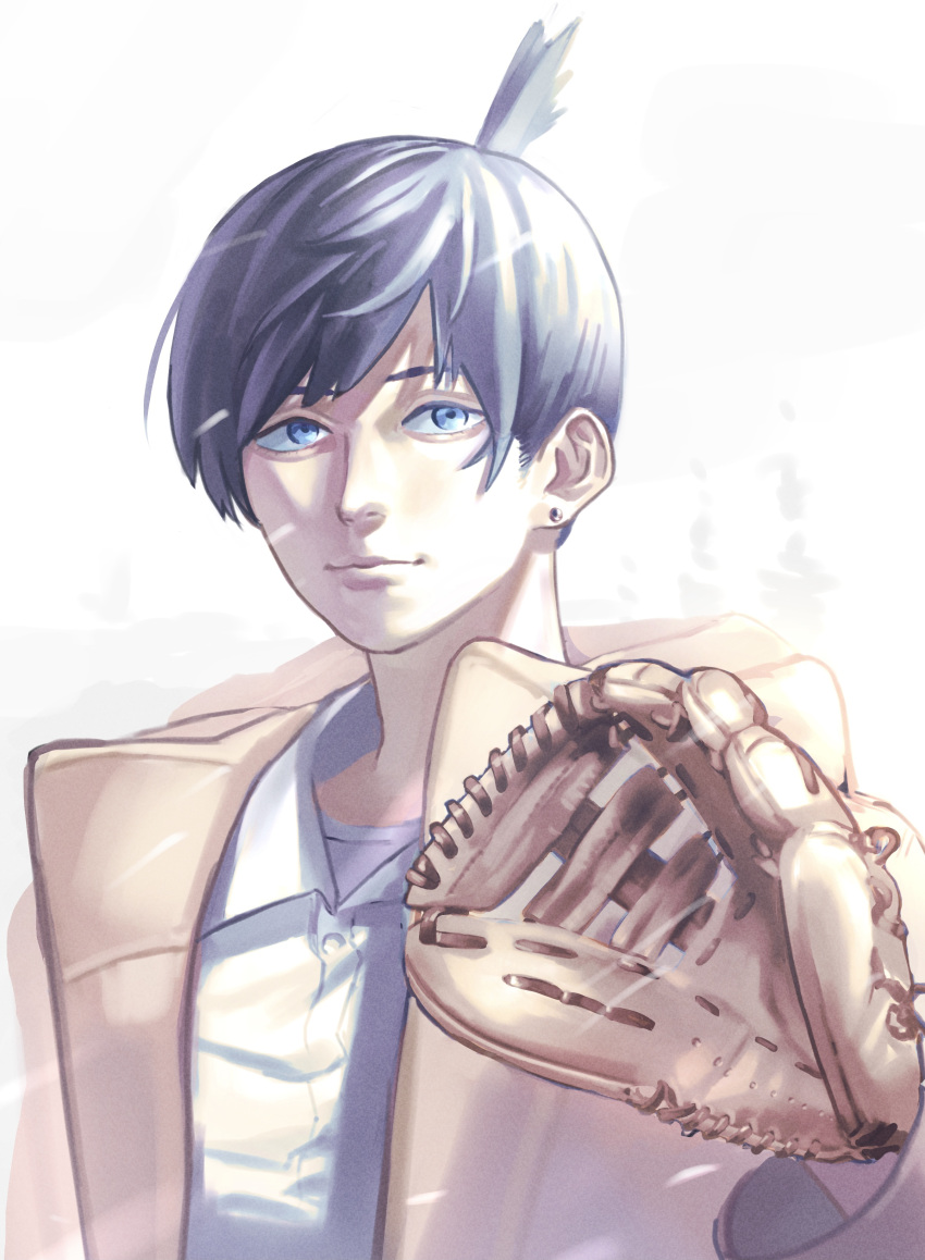 1boy, absurdres, baseball_mitt, black_hair, blue_eyes, chainsaw_man, closed_mouth, collared_shirt