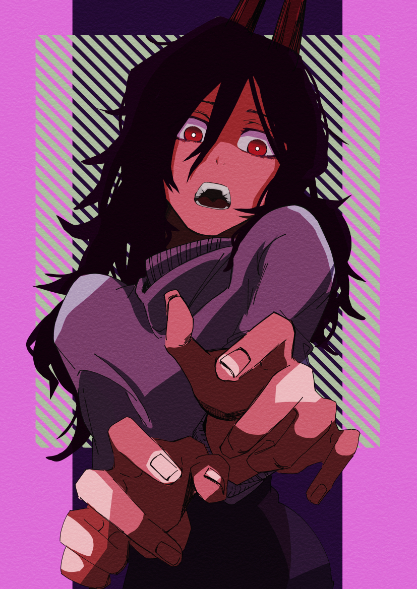 1girl, black_hair, chainsaw_man, grey_sweater, hair_between_eyes, horns, long_(chainsaw_man), long_hair