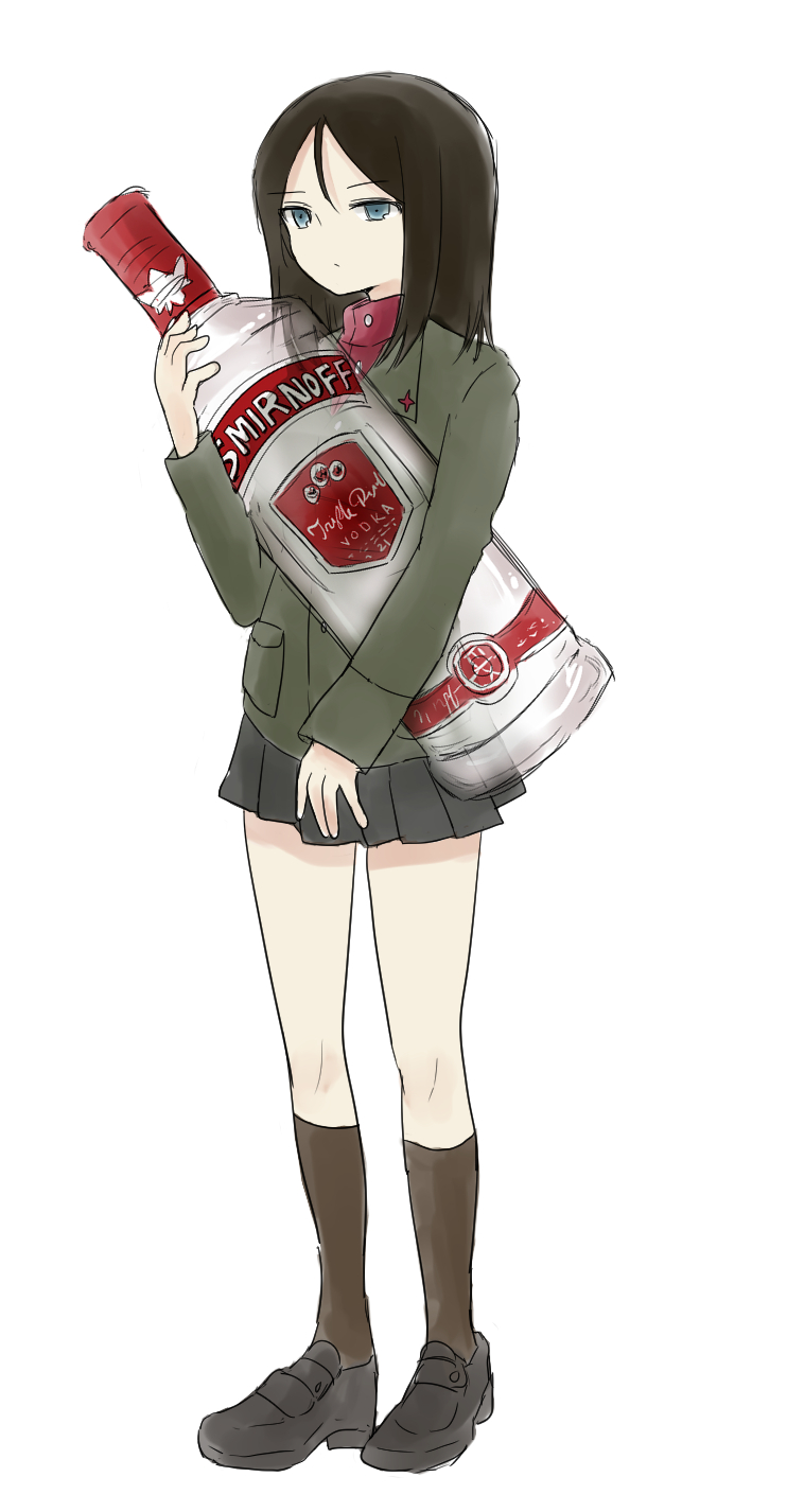 1girl, alcohol, bangs, black_footwear, black_hair, black_skirt, black_socks, blue_eyes