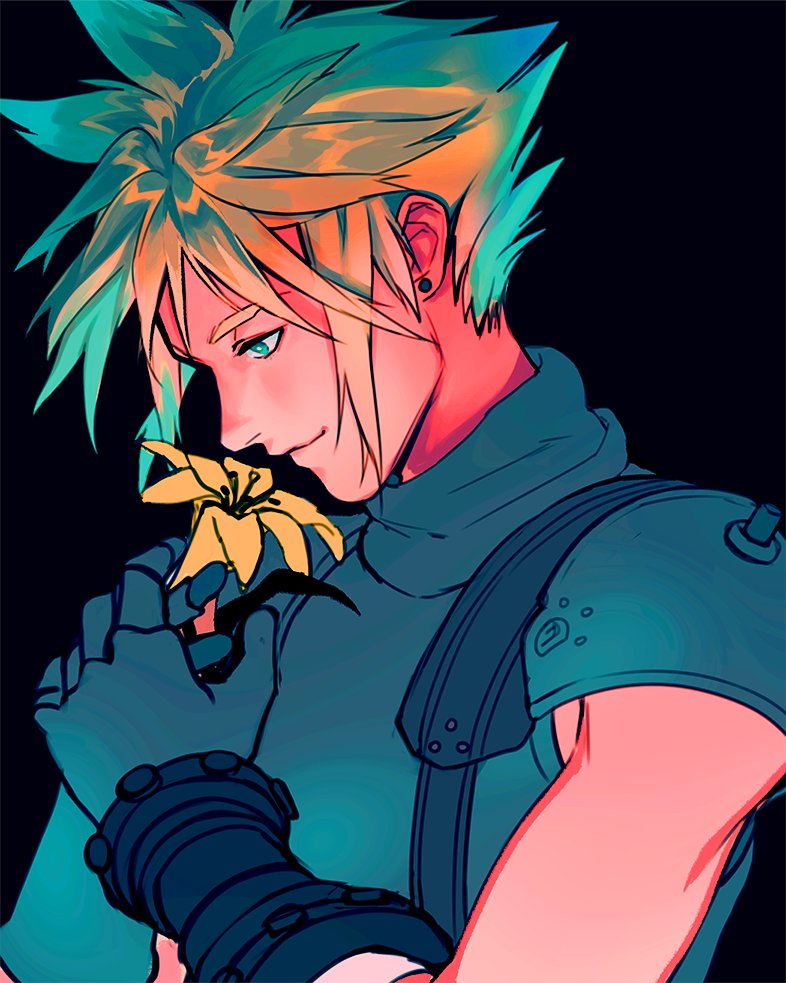 1boy, aqua_eyes, armor, bangs, black_background, blonde_hair, cloud_strife, earrings, final_fantasy, final_fantasy_vii, final_fantasy_vii_remake, flower, gloves, hikazio, holding, holding_flower, jewelry, lily_(flower), male_focus, muscular, muscular_male, short_hair, shoulder_armor, single_earring, sleeveless, sleeveless_turtleneck, smelling_flower, smile, solo, spiky_hair, suspenders, turtleneck, upper_body, yellow_flower