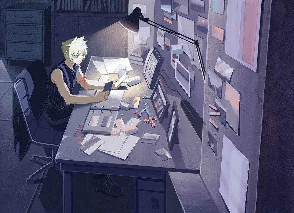 1boy, arm_ribbon, bangs, binder, black_pants, blonde_hair, blue_eyes, blue_shirt