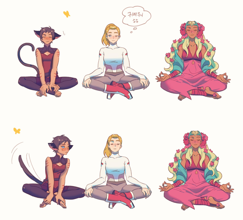 3girls, adora_(she-ra), animal_ears, blonde_hair, blush, brown_hair, cat_ears, cat_tail