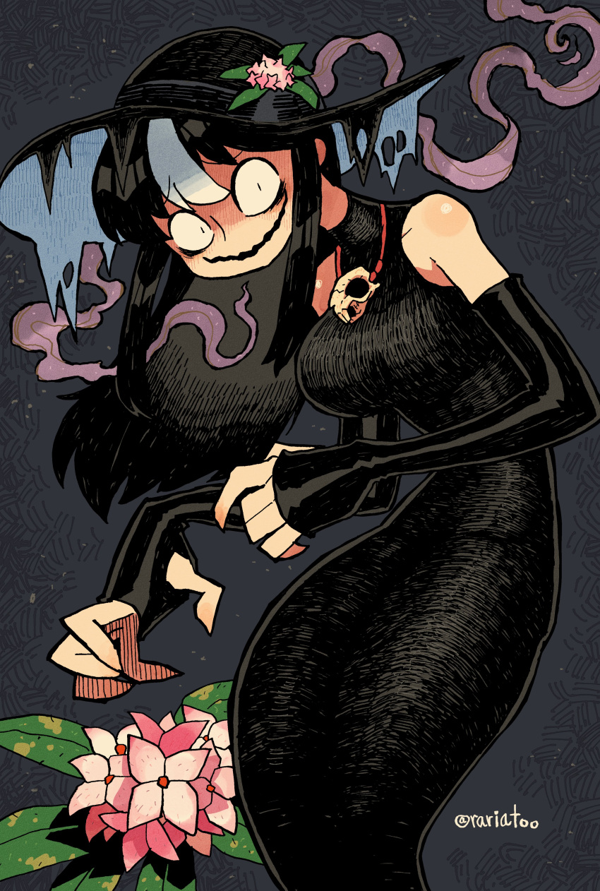 1girl, absurdres, animal_skull, black_dress, black_headwear, breasts, detached_sleeves, dress