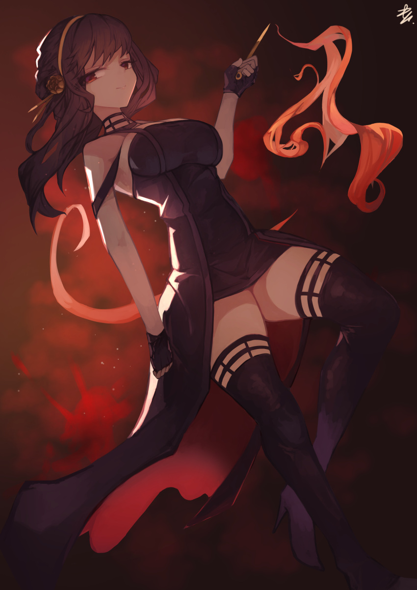 1girl, absurdres, black_dress, black_footwear, black_hair, black_thighhighs, boots, breasts, commentary, dagger, dress, gold_hairband, hair_ornament, highres, impossible_clothes, impossible_dress, knife, large_breasts, long_hair, looking_at_viewer, microdress, mucuun_yin, red_eyes, sideways_glance, sleeveless, sleeveless_dress, solo, spy_x_family, stiletto_(weapon), thigh-highs, thigh_boots, weapon, yor_briar