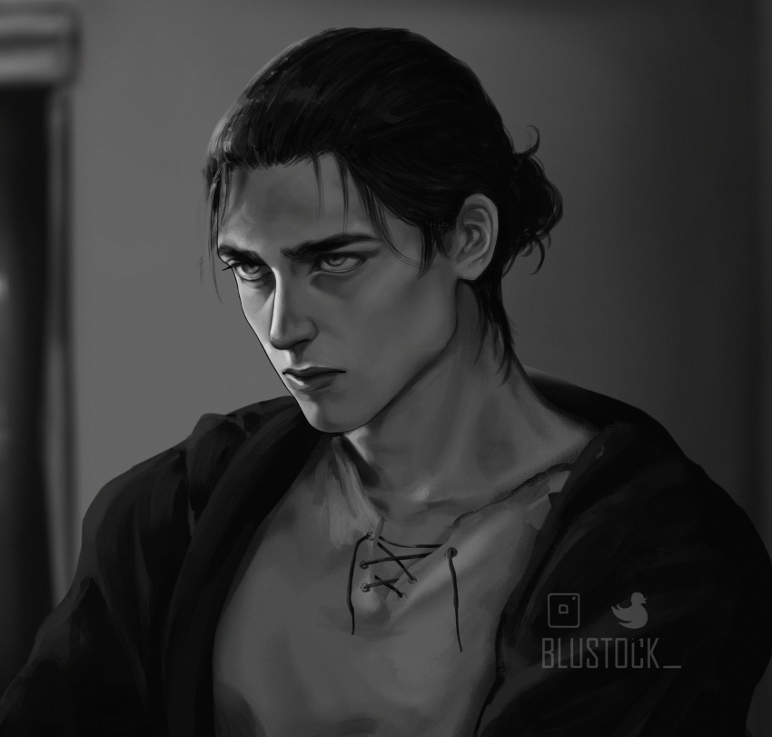 1boy, artist_name, blustock, eren_yeager, forehead, greyscale, hair_bun, hair_slicked_back