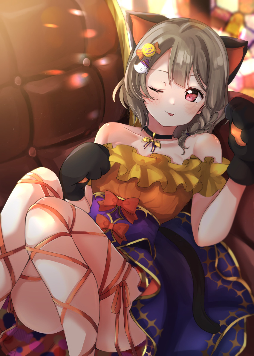 1girl, absurdres, animal_ears, animal_hands, black_choker, black_gloves, bow, braid