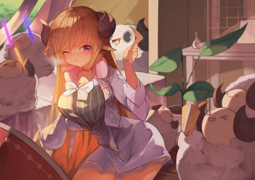 1girl, :o, absurdres, ahoge, animal_ears, aran_sweater, blonde_hair, breasts