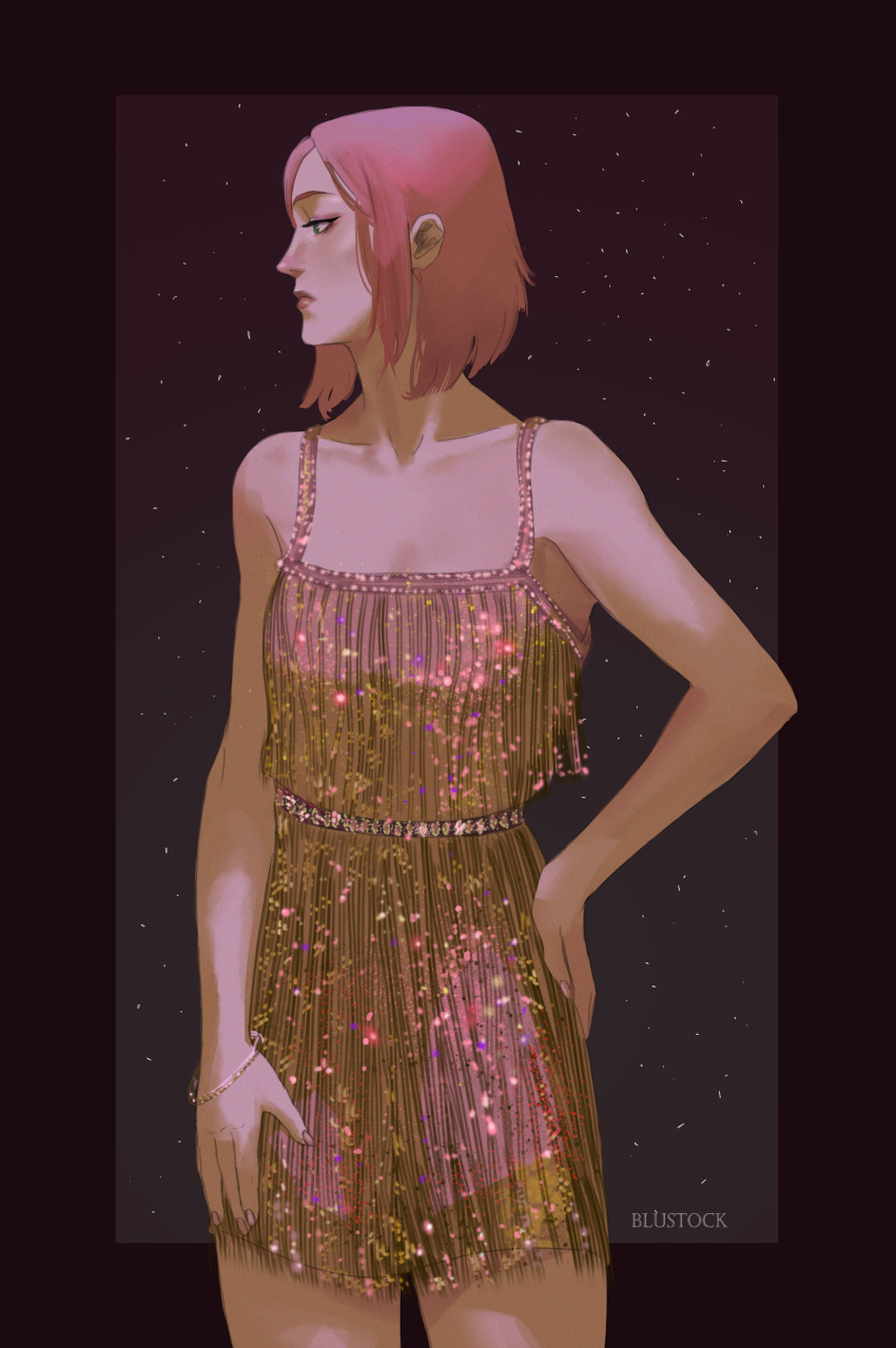 1girl, absurdres, artist_name, blustock, bracelet, breasts, cowboy_shot, dress