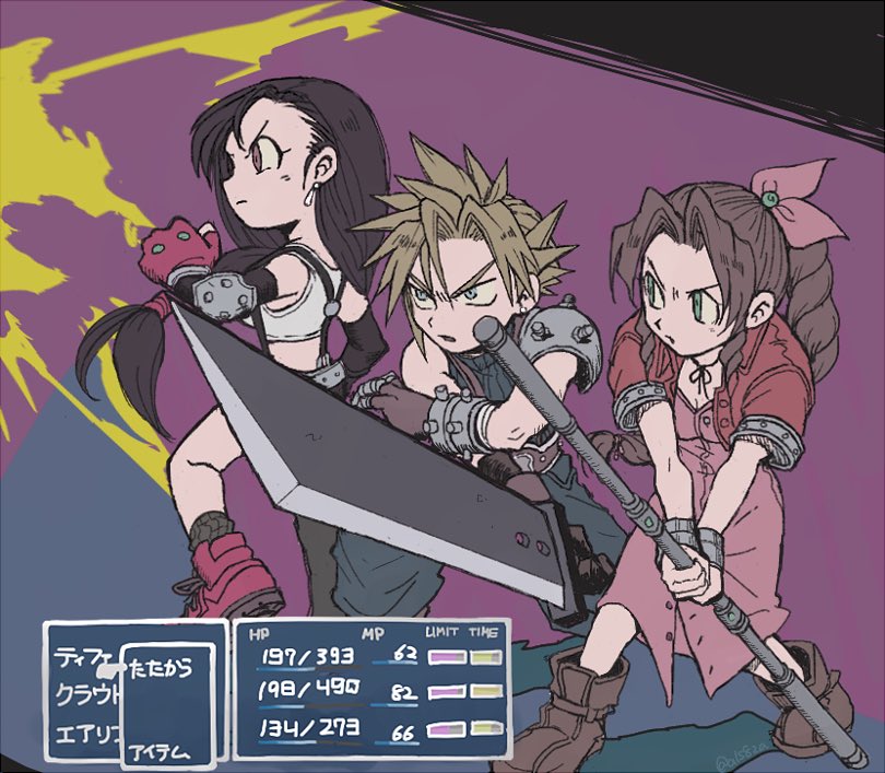 1boy, 2girls, aerith_gainsborough, als8za, armor, baggy_pants, bangle, bangs, bare_shoulders, belt, black_gloves, black_hair, blonde_hair, blue_pants, blue_shirt, boots, bracelet, braid, braided_ponytail, breasts, brown_eyes, brown_footwear, brown_gloves, brown_hair, buster_sword, character_name, choker, cloud_strife, crop_top, cropped_jacket, dress, earrings, elbow_gloves, elbow_pads, fighting_stance, final_fantasy, final_fantasy_vii, fingerless_gloves, full_body, furrowed_brow, gloves, green_eyes, grey_eyes, hair_between_eyes, hair_ribbon, holding, holding_staff, holding_sword, holding_weapon, jacket, jewelry, long_dress, long_hair, looking_to_the_side, low-tied_long_hair, materia, midriff, multiple_girls, pants, parted_bangs, parted_lips, pink_dress, pink_ribbon, purple_background, red_footwear, red_gloves, red_jacket, ribbon, ribbon_choker, shirt, short_hair, short_sleeves, shoulder_armor, sidelocks, single_bare_shoulder, single_earring, sleeveless, sleeveless_shirt, spiky_hair, staff, suspenders, sword, tifa_lockhart, user_interface, v_arms, weapon, white_shirt