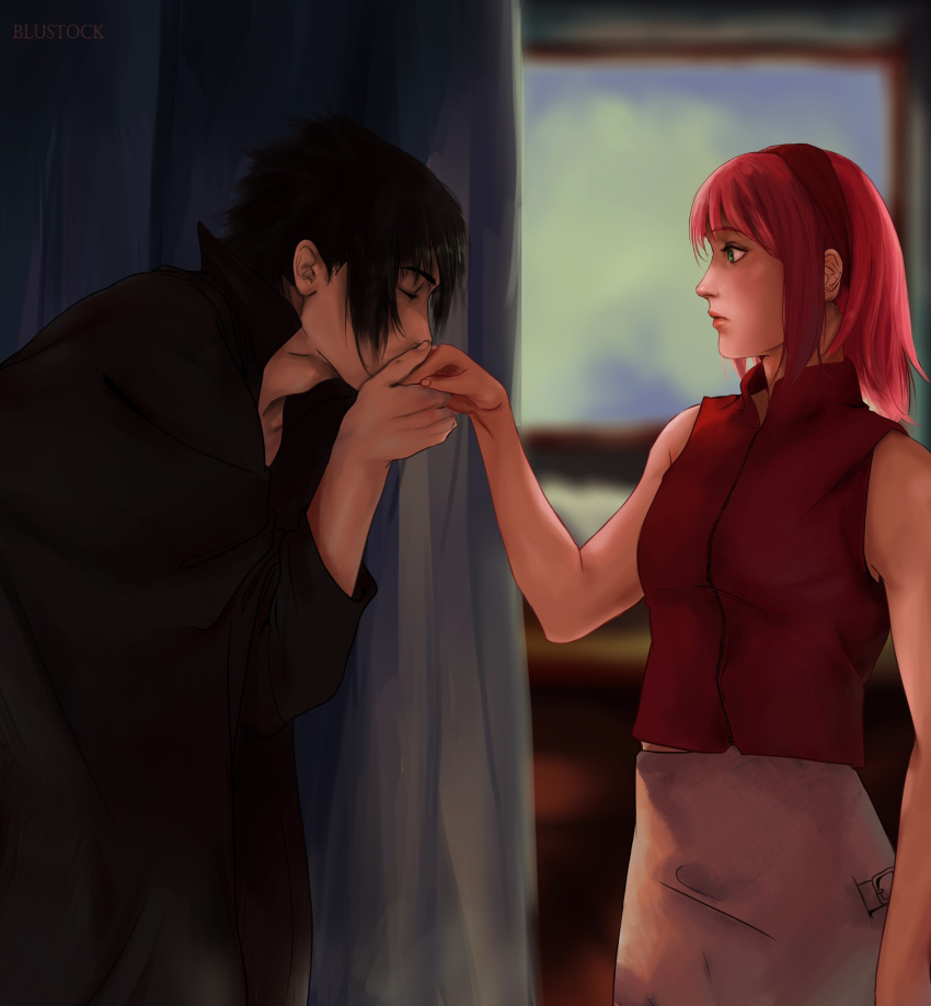 1boy, 1girl, artist_name, black_hair, blustock, closed_eyes, curtains, green_eyes