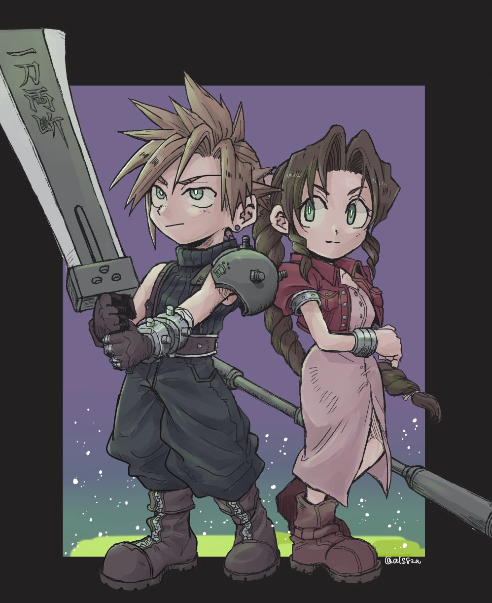 1boy, 1girl, aerith_gainsborough, als8za, armor, baggy_pants, bangle, bangs