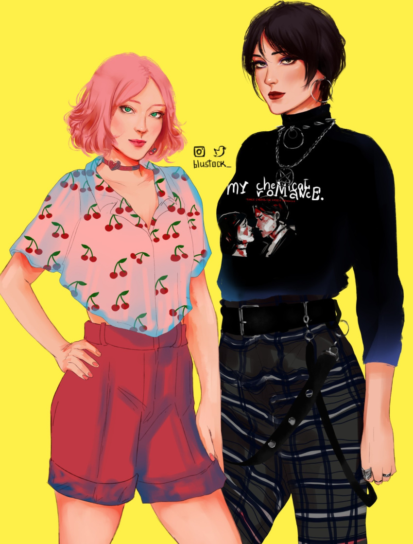 2girls, artist_name, black_eyes, black_hair, blustock, cherry_print, choker, crossover