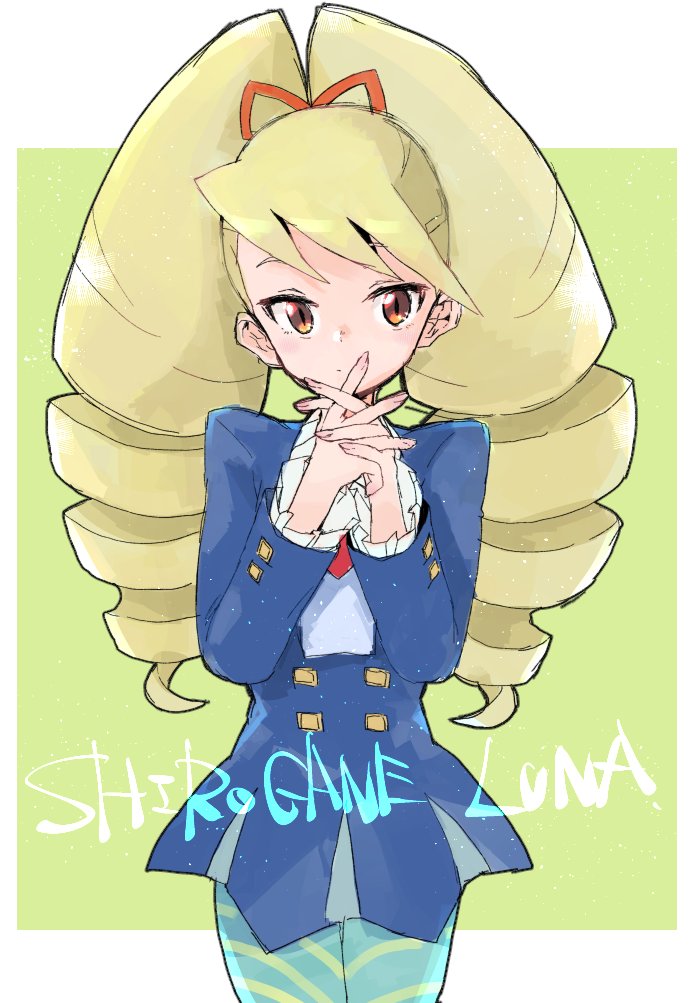 1girl, big_hair, blonde_hair, blue_pantyhose, brown_eyes, closed_mouth, dress, drill_hair