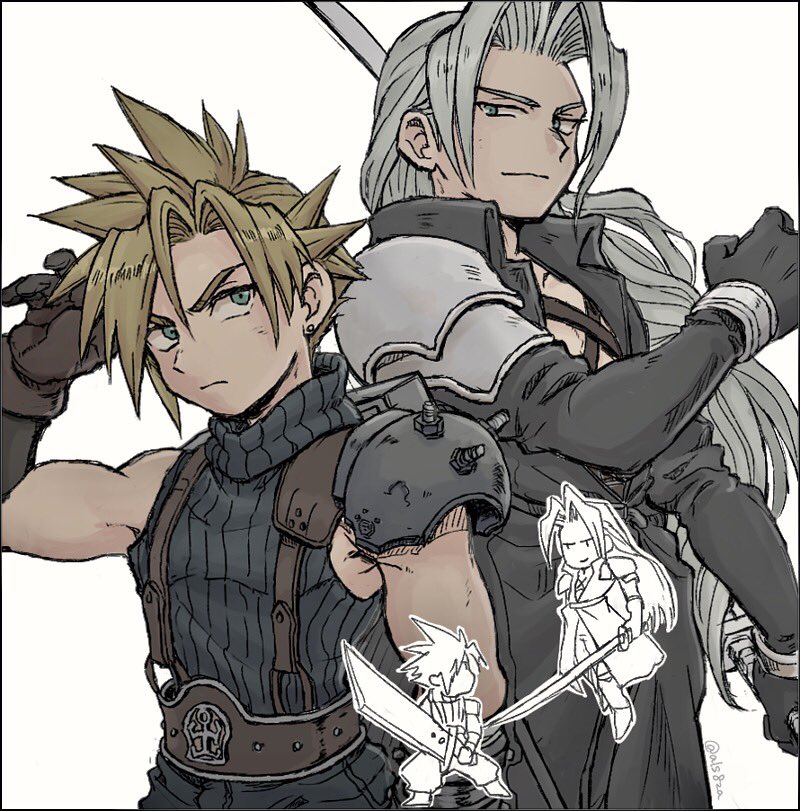 2boys, als8za, armor, back-to-back, bangs, belt, black_gloves, black_jacket