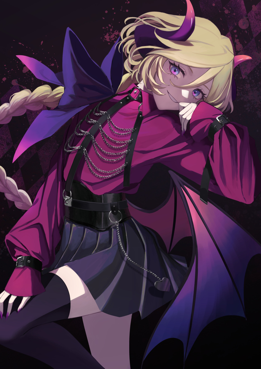 1girl, absurdres, black_skirt, black_thighhighs, blonde_hair, blue_eyes, braid, braided_ponytail, carol_malus_dienheim, demon_girl, demon_horns, demon_wings, halloween, highres, horns, long_hair, looking_at_viewer, mole, mole_under_eye, parted_lips, sarihira303, senki_zesshou_symphogear, skirt, smile, solo, thigh-highs, wings