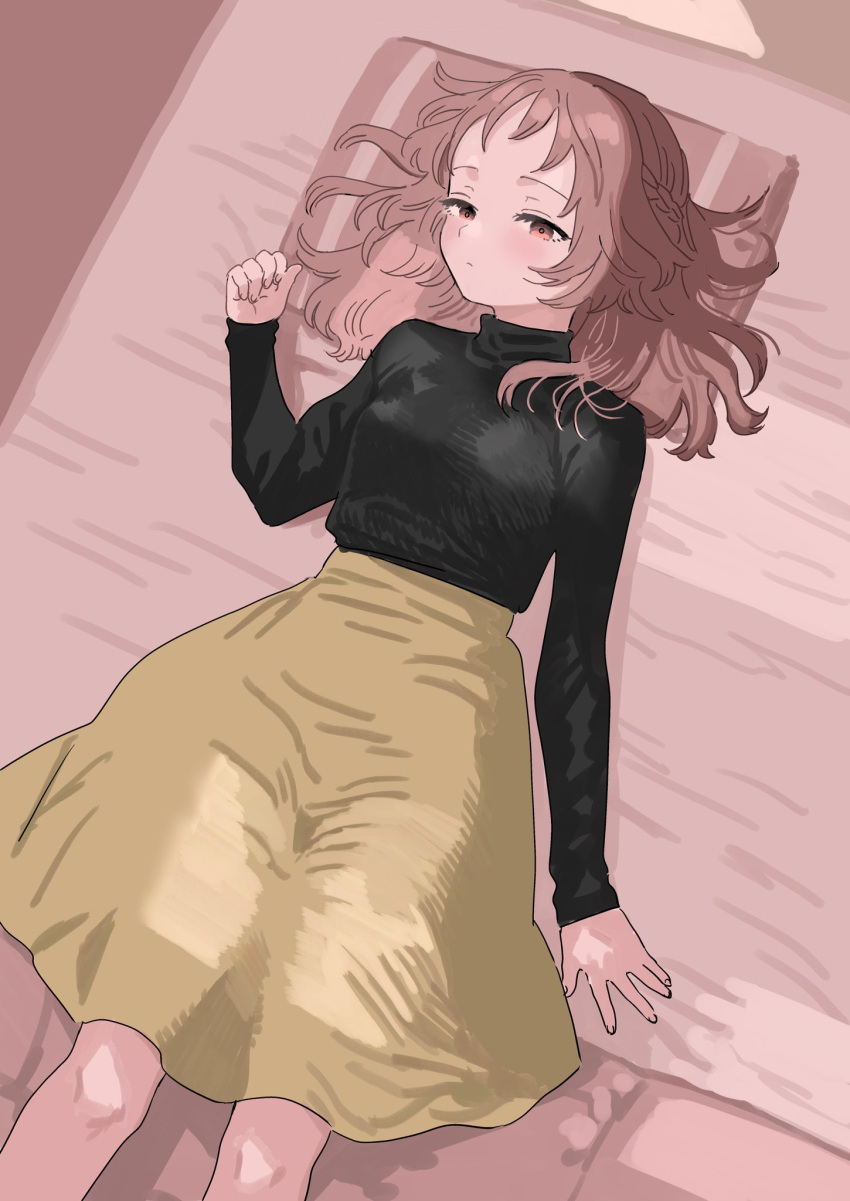1girl, bed, black_sweater, blush, braid, brown_hair, feet_out_of_frame, french_braid