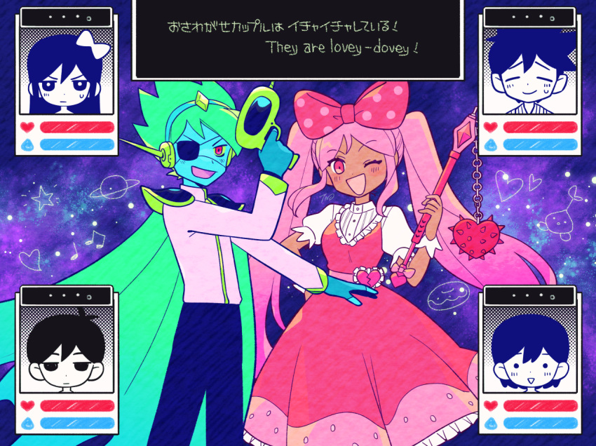 aubrey_(omori), beamed_eighth_notes, blue_skin, bow, cape, captain_spaceboy, colored_sclera, colored_skin