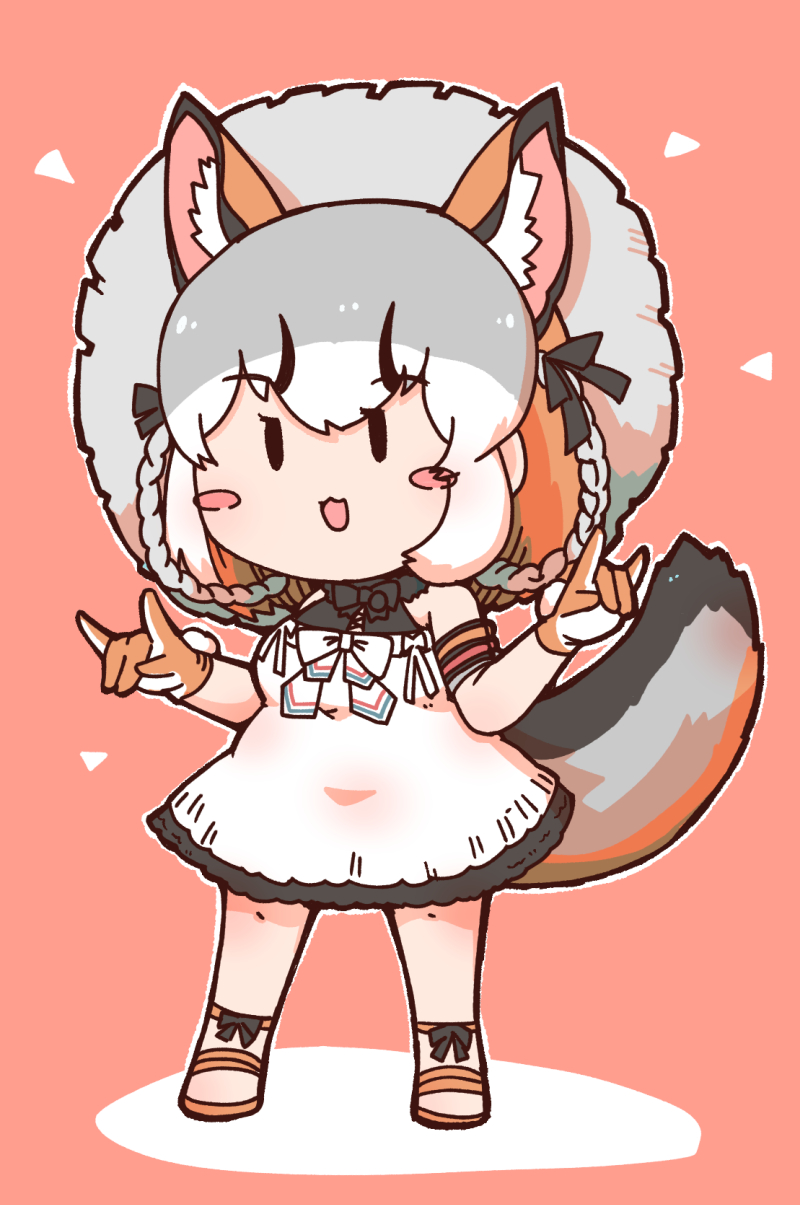 1girl, animal_costume, animal_ear_fluff, animal_ears, arm_belt, dress, extra_ears, fox_ears, fox_girl, fox_tail, gloves, grey_hair, hat, highres, kemono_friends, kemono_friends_v_project, long_hair, multicolored_hair, numazoko_namazu, orange_hair, ribbon, sandals, simple_background, solo, sundress, tail, virtual_youtuber