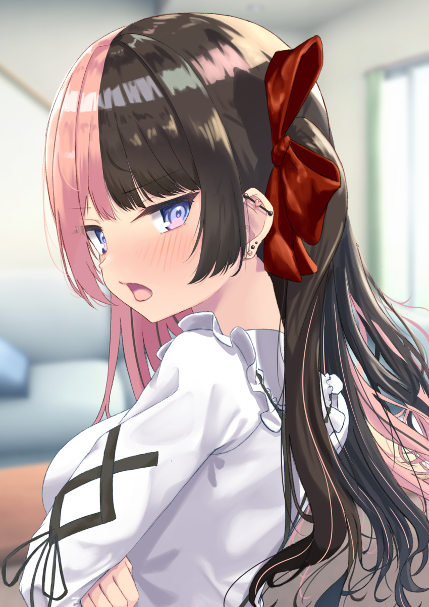 1girl, amaner, black_hair, blue_eyes, blush, ear_piercing, hair_ribbon, highres