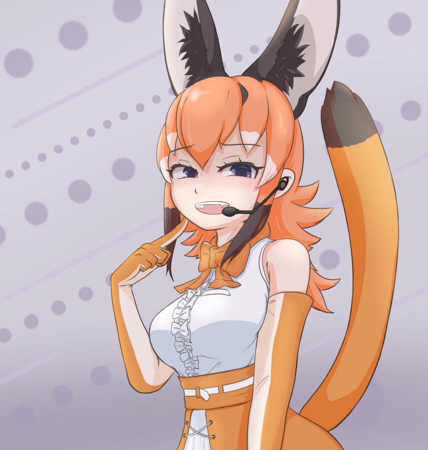 1girl, animal_costume, animal_ear_fluff, animal_ears, belt, blue_eyes, bow, bowtie, caracal_(kemono_friends), caracal_ears, elbow_gloves, gloves, highres, kemono_friends, kemono_friends_v_project, long_hair, looking_at_viewer, microphone, multicolored_hair, nokemono-san_(bocchi_friend), open_mouth, orange_hair, shirt, simple_background, skirt, sleeveless, sleeveless_shirt, solo, tail, virtual_youtuber, white_shirt