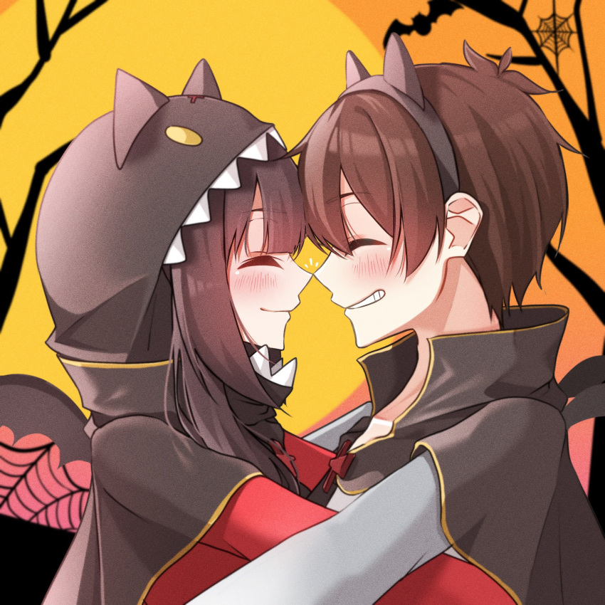 1boy, 1girl, animal_ears, animal_hood, bangs, bat_(animal), bat_ears, black_cape