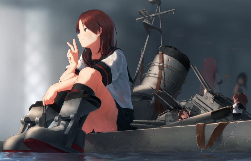 5girls, akashi_(kancolle), anchor_symbol, black_sailor_collar, black_skirt, black_socks, brown_eyes, brown_hair