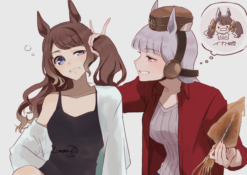 2girls, absurdres, animal_ears, artist_name, bangs, black_tank_top, blue_eyes, blunt_bangs, casual, clenched_teeth, collarbone, commentary, dried_squid, food, gold_ship_(umamusume), grey_background, hair_down, headgear, highres, holding, holding_another's_hair, holding_food, horse_ears, horse_girl, izu_lemon, jacket, long_sleeves, multiple_girls, off_shoulder, official_alternate_costume, pillbox_hat, pink_eyes, red_jacket, ribbed_shirt, shirt, signature, simple_background, squid, tank_top, teeth, thought_bubble, tosen_jordan_(umamusume), translated, translation_request, umamusume, uneven_eyes, upper_body, wavy_hair